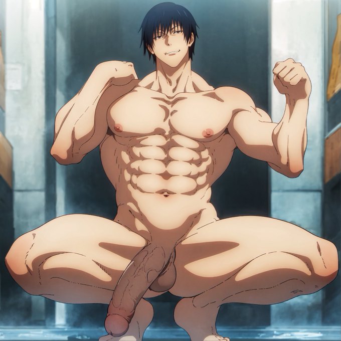 1boy ai_generated anime_style balls ballsack bara big_penis black_hair erect_penis erection gilxxgamesh hands-free hands_up jujutsu_kaisen long_penis male male_focus male_only muscle muscular muscular_male nipples nude nude_male nudity penis solo_focus squatting toji_fushiguro vein veiny_penis yaoi