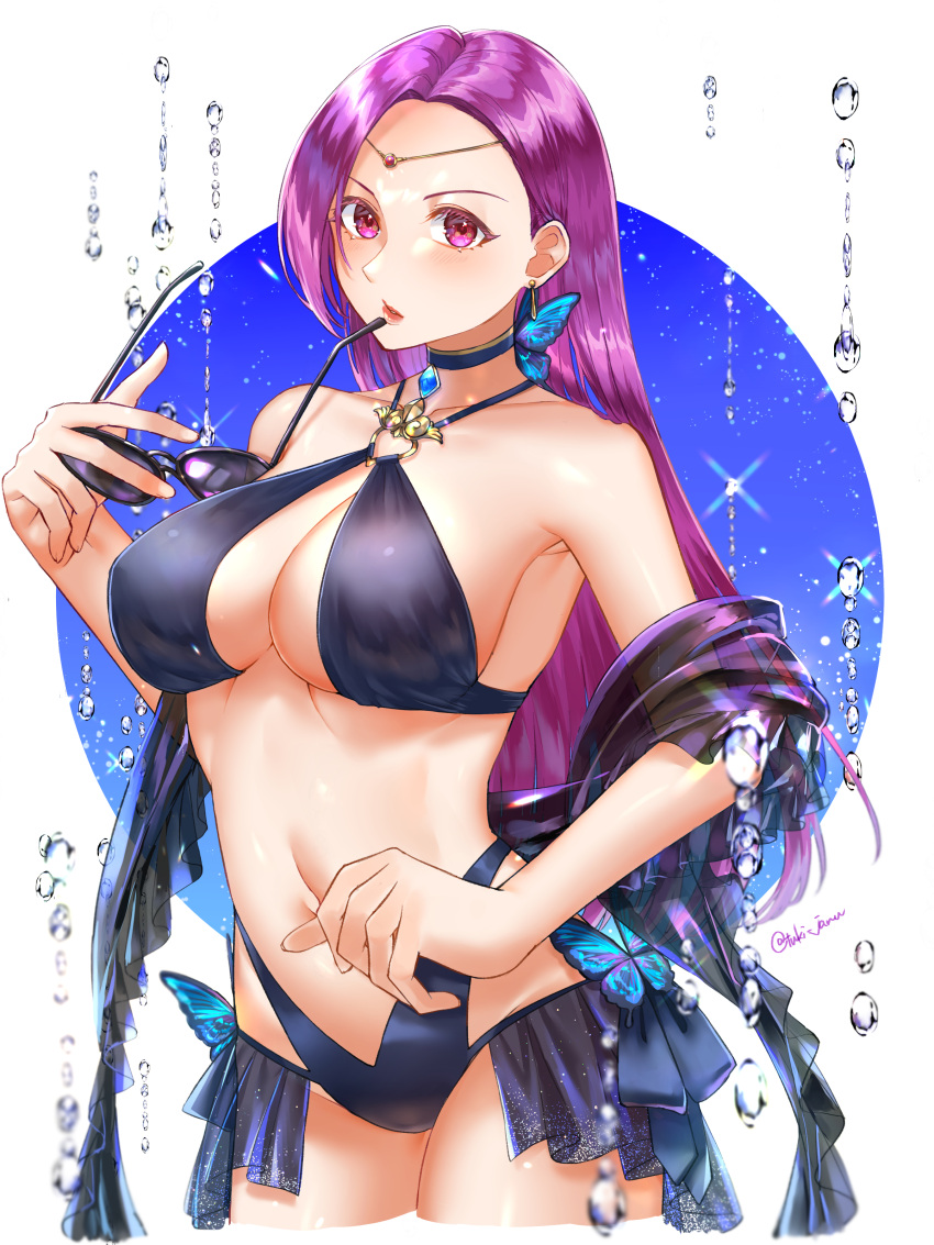 1girl absurd_res alluring big_breasts bikini brunnya_(fire_emblem) bug butterfly cleavage fire_emblem fire_emblem:_the_binding_blade fire_emblem_heroes high_res holding holding_removed_eyewear insect intelligent_systems long_hair looking_at_viewer mature_female nintendo pink_hair purple_eyes red_eyes swimsuit tagme tsukimura_(d24f4z8j3t) tuki_janu unworn_eyewear water wide_hips