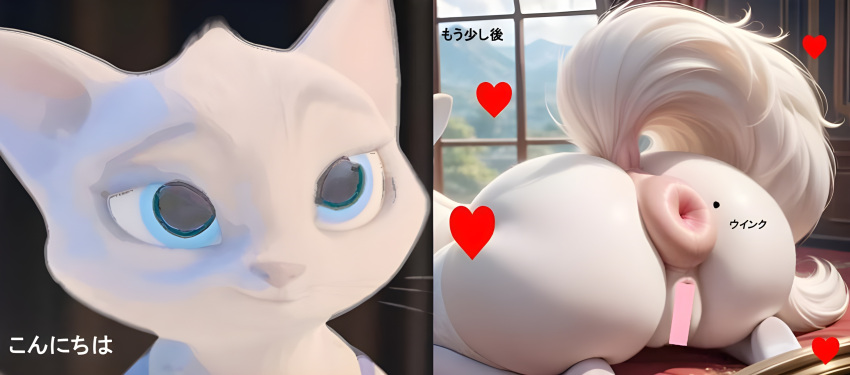 1girl 1girls ai_generated anus_focus ass ass_focus bed bedroom before_and_after big_anus big_ass big_eyes birthmark blue_eyes censor_bar censored_pussy cute detailed donut_anus dreamworks dreamworks_animation dulcinea dulcinea_(puss_in_boots) ears_up feline female_only fluffy_tail heart high_res indoors japanese_text mammal mouth netflix nose on_all_fours pink_anus posing puffy_anus puss_in_boots_(dreamworks) puss_in_boots_(franchise) pussy realistic round_ass sexy shrek_(series) sky stockings text the_adventures_of_puss_in_boots thick_ass thick_legs trees white_fur window