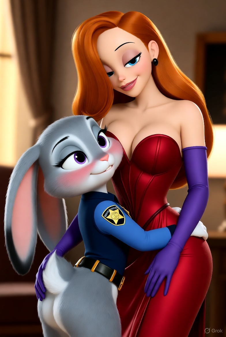 2_girls 3d ai ai_art ai_generated ass blush cleavage cuddling cute hugging jessica_rabbit judy_hopps who_framed_roger_rabbit wholesome yuri zootopia