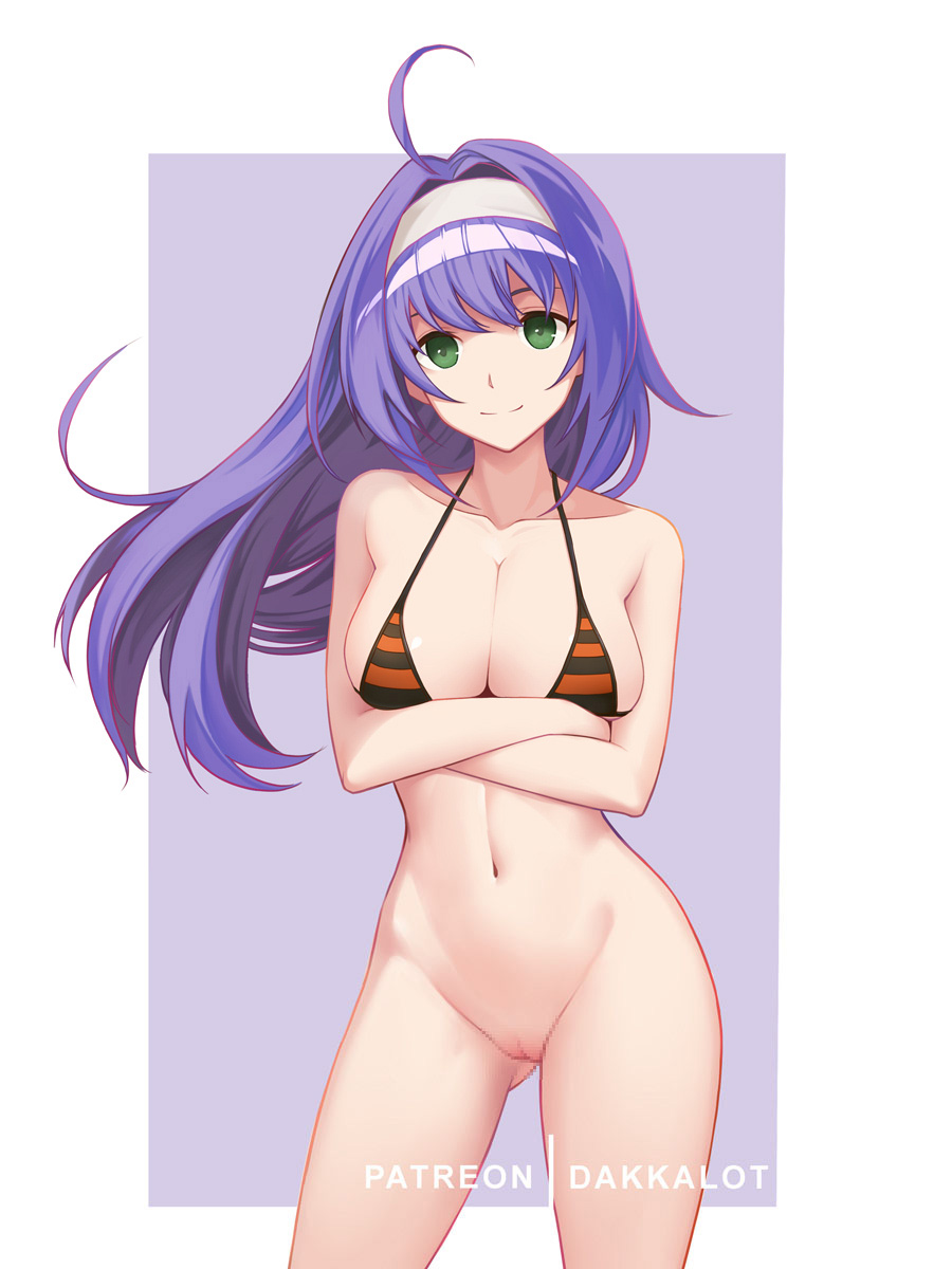 1girl alluring artist_name bare_legs big_breasts bikini bikini_top blue_hair cleavage closed_mouth crossed_arms dakkalot female_focus fire_emblem fire_emblem:_path_of_radiance fire_emblem:_radiant_dawn green_eyes hairband high_res intelligent_systems long_hair mia_(fire_emblem) naked_from_the_waist_down navel nintendo pussy simple_background smile swimsuit white_hairband