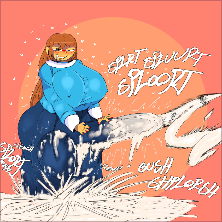 1futa 1girl balls balls_clench big_balls big_penis breasts bulge clenched_balls clothed clothing cum_through_clothes ejaculation excessive_cum fully_clothed futa_only futanari glasses hair holding_penis huge_balls huge_breasts huge_cock huge_penis hyper hyper_balls hyper_penis intersex kindergarten_(game) kindergarten_3 large_penis ms._lovelett nipples onomatopoeia penis slinkmayker testicle testicles_clench veiny_balls veiny_testicles