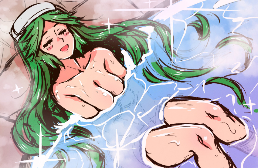 1girl akairiot bangs bath bathing big_breasts blush breasts cleavage closed_eyes completely_nude completely_nude_female female_only female_solo from_above green_hair happy kid_icarus kid_icarus_uprising knees_together_feet_apart knees_up leaning leaning_back long_hair nintendo nude nude_female open_mouth palutena parted_bangs relaxing sitting smile sparkle straight_hair very_long_hair water wet wet_body wet_hair