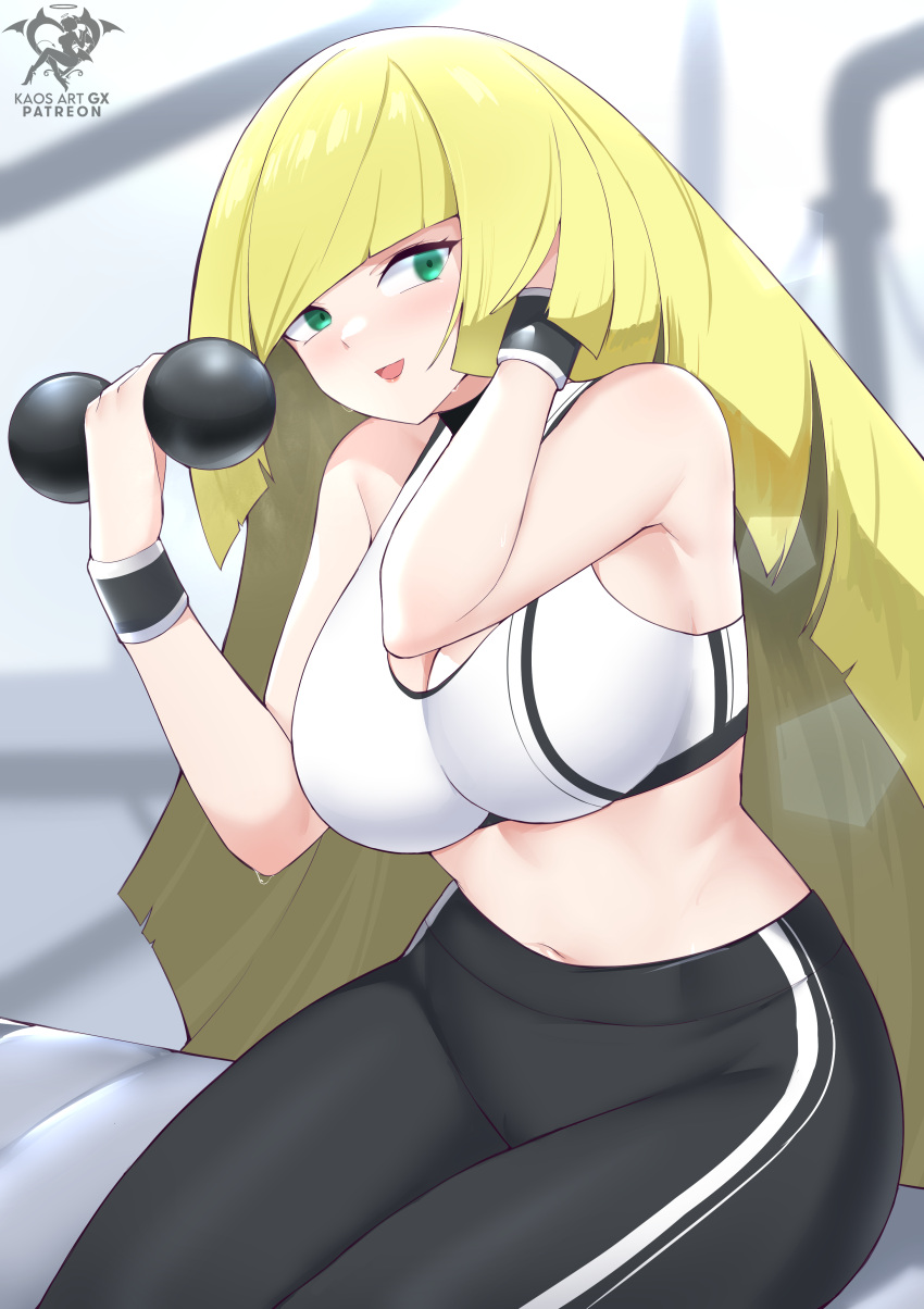 1girl 2022 alluring alternate_breast_size artist_signature athletic_female bare_shoulders big_breasts blonde_hair dumbbell female_only fit_female green_eyes hair_over_one_eye high_res hips human human_only humanoid kaos_art lifting_weights long_hair looking_at_viewer lusamine lusamine_(pokemon) mature_female milf nintendo pokemon pokemon_sm slim_waist smile solo_female sports_bra sportswear thick thick_thighs thighs very_long_hair wide_hips wristband yoga_pants