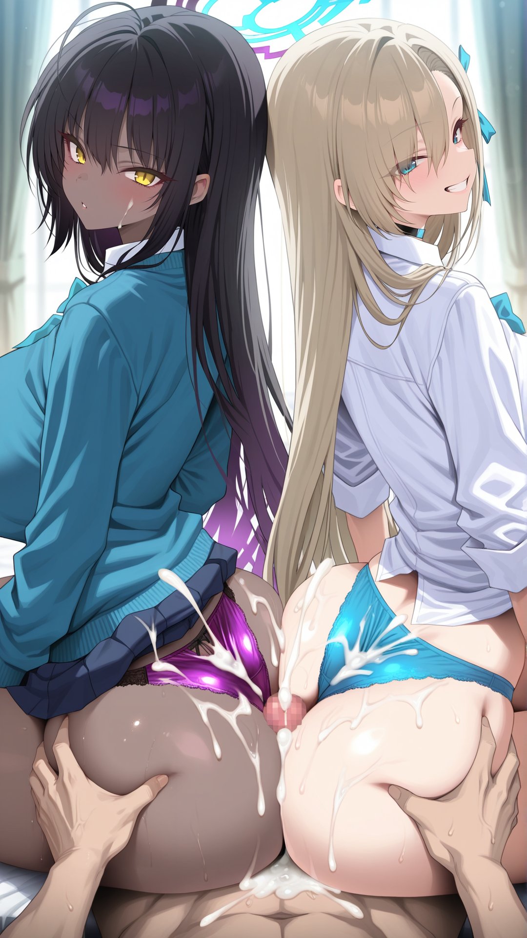 1boy 2_girls ai_generated ass ass_grab asuna_(blue_archive) black_hair blonde_hair blue_archive blue_eyes blush buttjob clothed_female_nude_male cum cum_in_ass cum_on_face dark-skinned_female dark_skin double_assjob grin halo huge_ass karin_(blue_archive) light-skinned_female light_skin long_hair looking_at_viewer nikumist panties penis pov sandwiched smile sweat sweatdrop threesome yellow_eyes