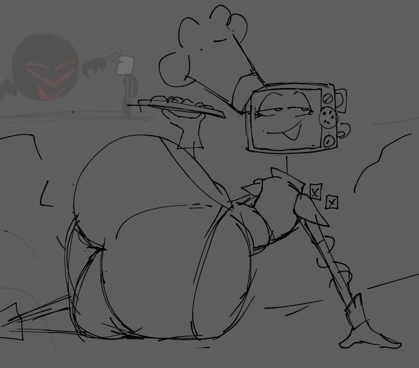 1girl 2025 ass ass_focus background_characters baker big_ass boots chef_hat clothing cookies cookieware die_of_death evil_scary female_focus gloves high_res holding_tray huge_ass laying_down looking_back machine on_floor open_smile oven pelosdealgodon pursuer_(die_of_death) roblox roblox_game robot robot_girl robot_humanoid screen_face simple_background sketch smile smug smug_expression thepinkthing toque toque_blanche viewed_from_behind voluptuous