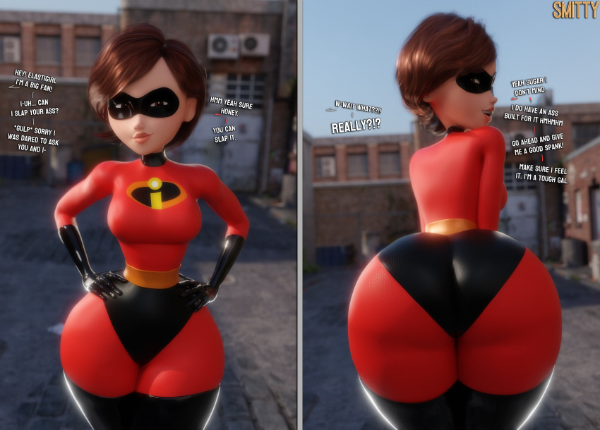 1girl 3d 3d_(artwork) ass big_ass big_breasts blender breasts brown_hair elastigirl helen_parr large_ass latex milf pov smitty34 street tagme the_incredibles