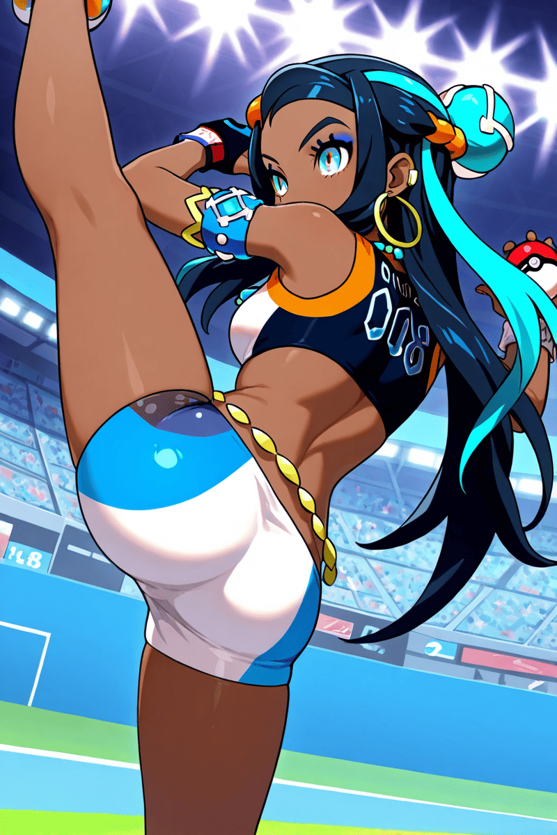 1girl ai_generated ass bike_shorts blue_eyes breasts cameltoe creatures_(company) dark-skinned_female earrings female_focus flexible game_freak hair_ornament jewelry leg_lift multicolored_hair nessa_(pokemon) nintendo poke_ball pokemon stadium stadium_background younger_female