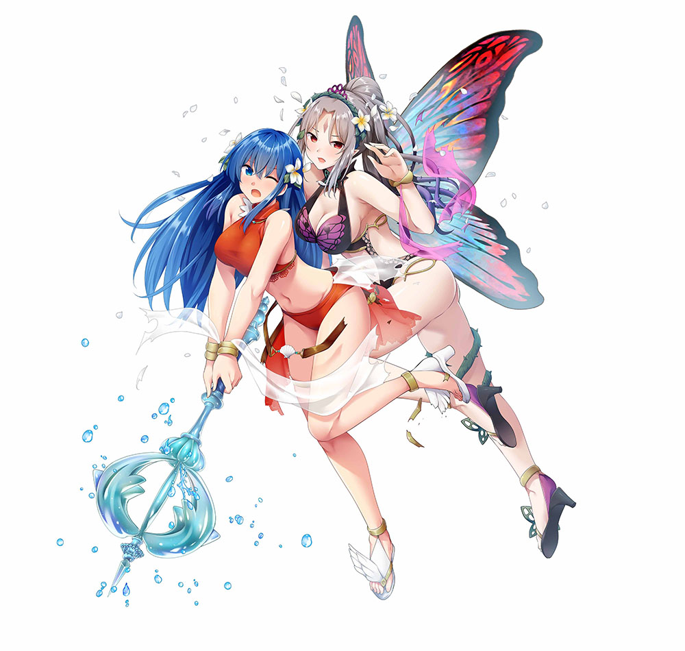 2_girls alluring ass bare_shoulders bikini blue_eyes blue_hair caeda_(fire_emblem) cleavage fairy_wings feet female_focus fire_emblem fire_emblem:_mystery_of_the_emblem fire_emblem_heroes fire_emblem_warriors full_body hair_ornament high_heels intelligent_systems long_hair matching_hair/eyes medium_breasts midriff multiple_girls navel nintendo official_art one-piece_bikini one_eye_closed plumeria_(fire_emblem) pointy_ears ryouma_(galley) sandals simple_background swimsuit toes torn_clothes white_background white_footwear wince wings