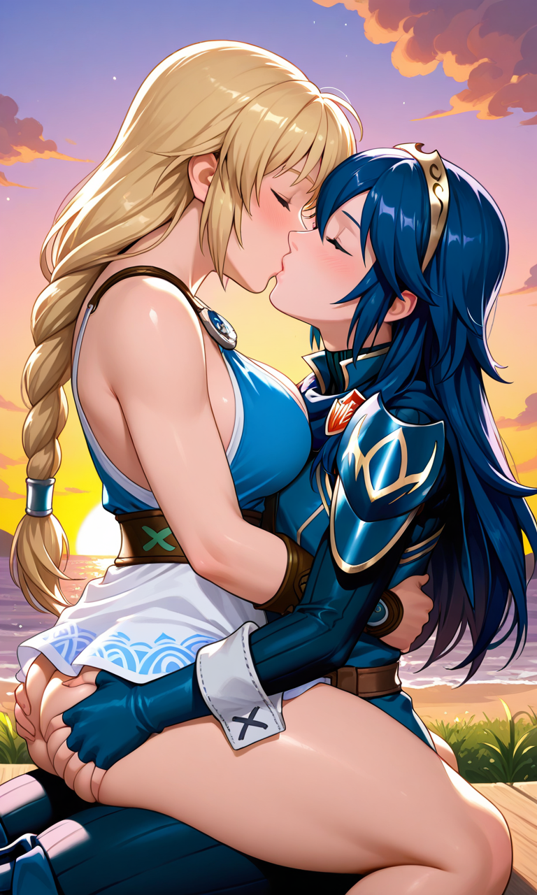 2girls ai_generated alluring ass ass_grab blonde_hair blue_hair closed_eyes crossover fire_emblem fire_emblem_awakening fire_emblem_warriors intelligent_systems kissing lucina lucina_(fire_emblem) nightcore_(artist) nintendo sitting_on_lap sophitia_alexandra soul_calibur soul_calibur_ii sunset thick_thighs