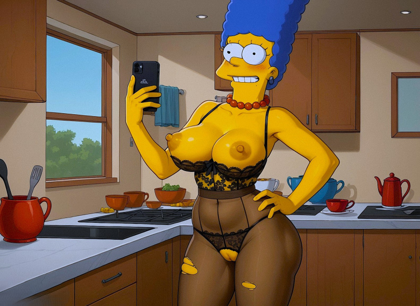 ass big_breasts erect_nipples marge_simpson selfpic shaved_pussy the_simpsons thighs torn_bodystocking