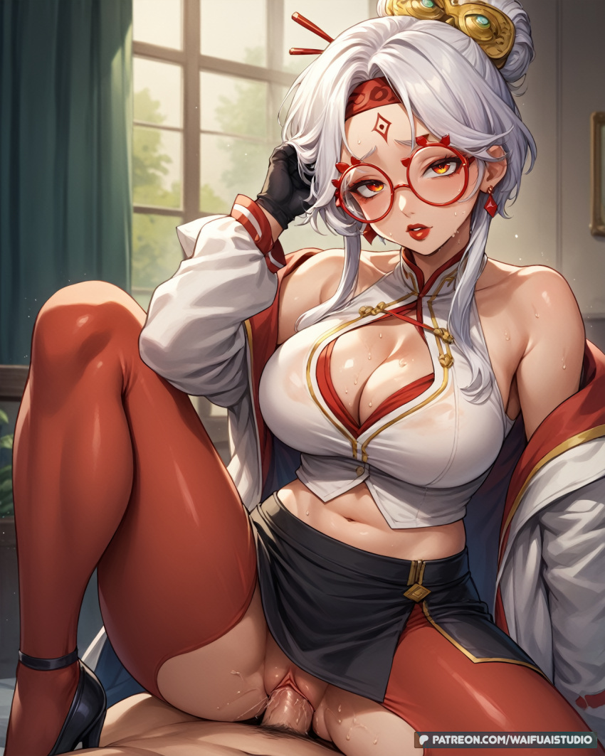 1boy 1girl 1girl bangs bare_shoulders big_breasts black_footwear black_gloves black_skirt blush breasts cleavage cleavage_cutout clothed_sex clothing clothing_cutout cowgirl_position crop_top curtains earrings eyeshadow eyewear girl_on_top glasses gloves hair_ornament hair_stick hetero high_heels indoors jacket jewelry legwear lipstick long_hair long_sleeves looking_at_viewer makeup male male_pubic_hair midriff navel nipples off_shoulder open_clothes open_jacket open_mouth pantyhose parted_lips patreon_username pencil_skirt penis pov_crotch pubic_hair purah pussy red-framed_eyewear red_eyes red_eyeshadow red_headband red_lips red_pantyhose round_eyewear sex sheikah shirt sidelocks skirt sleeveless sleeveless_shirt solo_focus spread_legs straddling sweat thighs torn_clothes torn_pantyhose updo vaginal waifuai_studio web_address white_coat white_hair white_jacket window