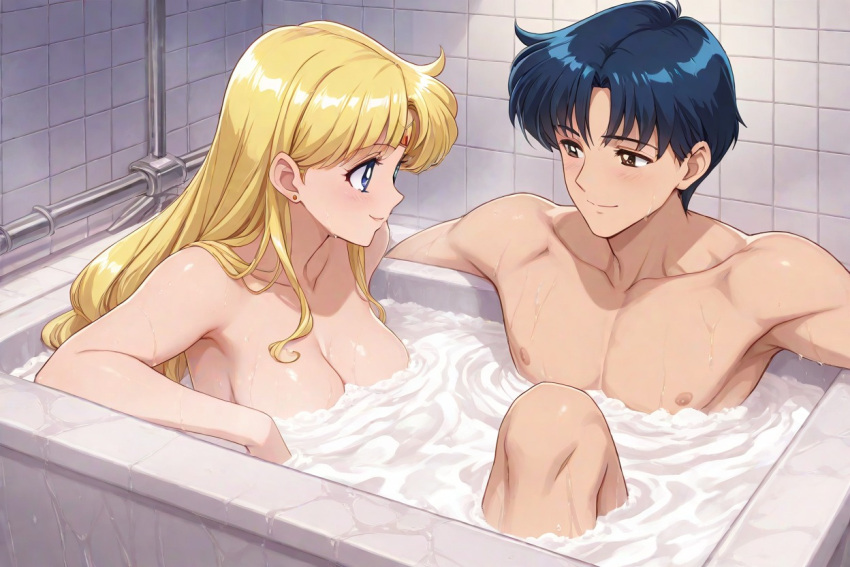 1boy 1girl accurate_art_style adult_swim alan_(sailor_moon) athletic_male bath bathing bathing_together bathroom big_breasts bishoujo_senshi_sailor_moon bishoujo_senshi_sailor_moon_r bishoujo_senshi_sailor_moon_r_the_movie bishoujo_senshi_sailor_moon_s bishoujo_senshi_sailor_moon_s_the_movie bishoujo_senshi_sailor_moon_supers bishoujo_senshi_sailor_moon_supers_the_movie blonde_hair blue_eys blue_hair brown_eyes fire_dragon_(artist) fit_male former_boyfriend former_girlfriend friends in_bathtub minako_aino nude old_friend toei_animation toonami viz_media