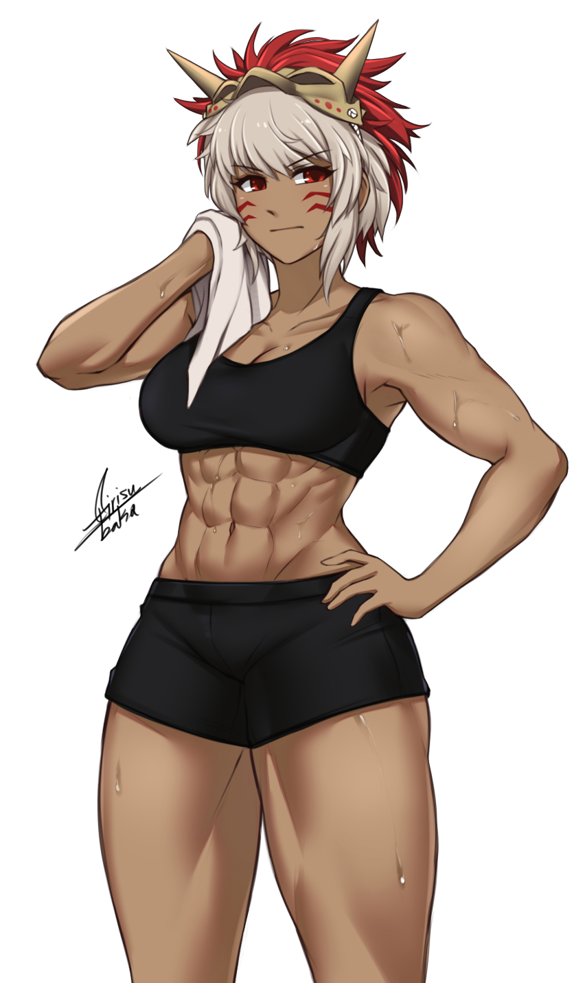 1girl 1girl 1girl abs after_workout airisubaka alluring athletic_female bare_midriff big_breasts cleavage female_abs fire_emblem fire_emblem_fates fit_female grey_hair intelligent_systems looking_at_viewer medium_hair nintendo red_eyes rinkah_(fire_emblem) short_hair shorts solo_female sweat sweaty tank_top thick_thighs towel white_background workout