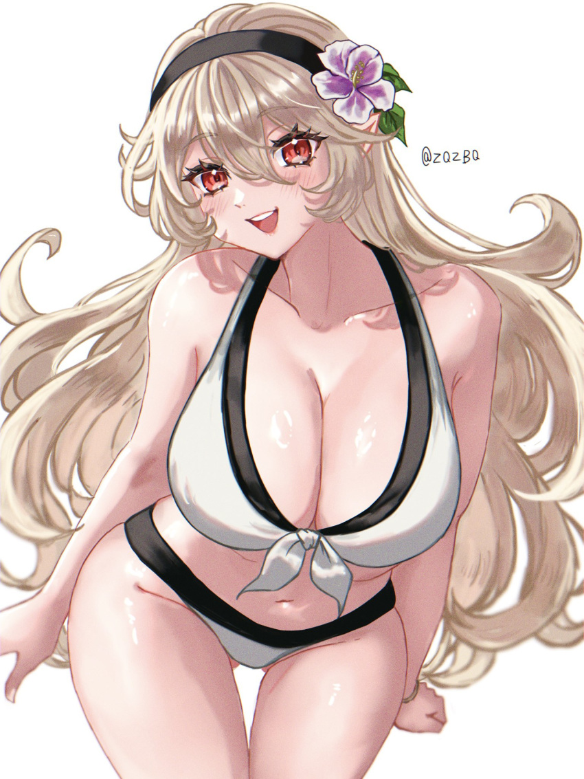 1girl 1girl 1girl alluring bare_arms bare_shoulders big_breasts bikini bikini_skirt black_hairband blonde_hair blush cleavage collarbone corrin_(fire_emblem) corrin_(fire_emblem)_(female) corrin_(summer)_(fire_emblem)_(female) fire_emblem fire_emblem_fates fire_emblem_heroes fire_emblem_warriors flower gluteal_fold hair_between_eyes hair_flower hair_ornament hairband high_res intelligent_systems long_hair looking_at_viewer navel nintendo official_alternate_costume pointy_ears red_eyes simple_background smile swimsuit thighs white_background white_bikini zqzbq
