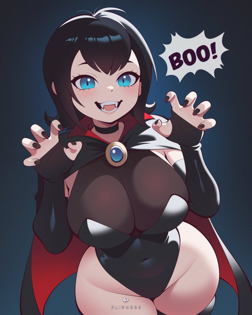 1girl 1girl 1girl big_breasts black_hair cape choker curvy curvy_female curvy_figure dialogue fangs female_only fingerless_gloves flipherrrr hotel_transylvania mavis_dracula slim_waist solo_female thick_thighs vampire vampire_girl voluptuous voluptuous_female wide_hips