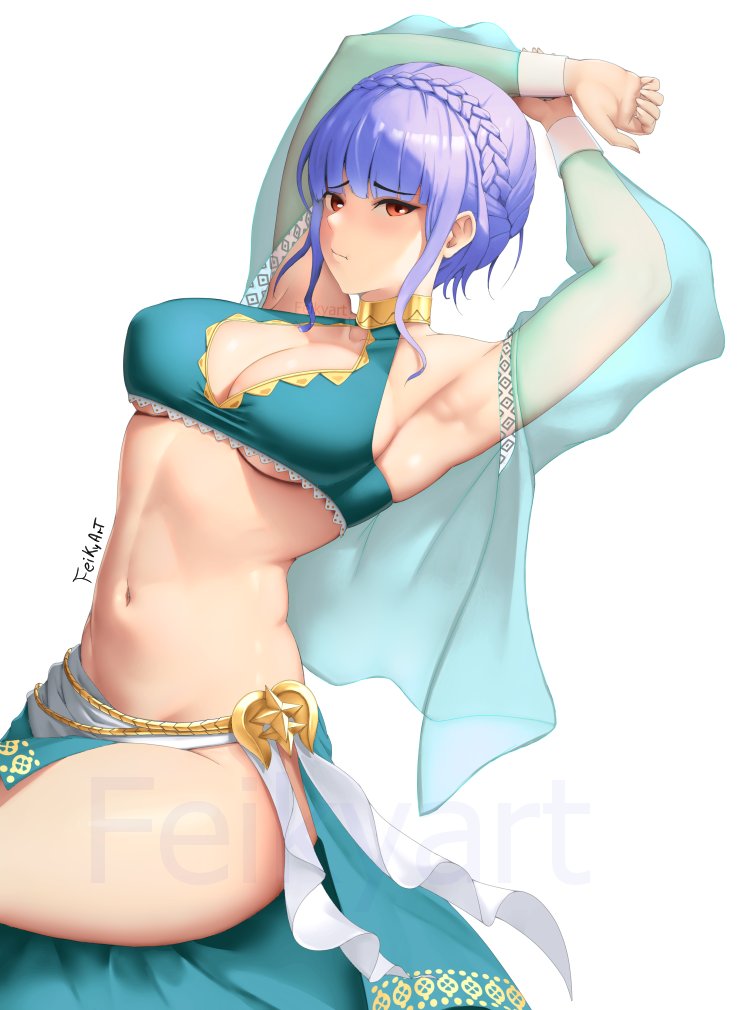 1girl 1girl 1girls alluring alternate_costume alternate_version_available arms_up bangs bare_arms bare_midriff bare_thighs big_breasts bikini blue_bikini blue_hair braid cleavage closed_mouth crown_braid feikyart female_only fire_emblem fire_emblem:_three_houses fire_emblem_heroes intelligent_systems jewelry looking_at_viewer marianne_von_edmund marianne_von_edmund_(summer) midriff navel neck_ring nintendo official_alternate_costume purple_eyes sarong see-through see-through_sleeves short_hair sideboob sidelocks sitting stomach swimsuit thick_thighs thighs under_boob watermark white_background