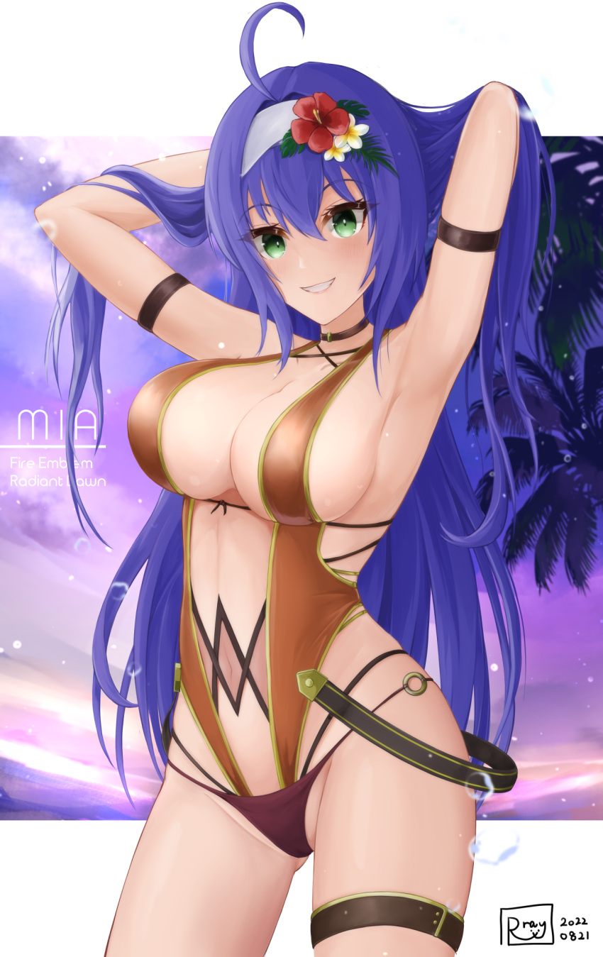 1girl 1girl ahoge alluring arms_behind_head arms_up big_breasts blue_hair breasts center_opening cleavage covered_navel dated fire_emblem fire_emblem:_radiant_dawn green_eyes grin groin hair_lift hairband hands_in_own_hair high_res holding holding_own_hair intelligent_systems layered_swimsuit long_hair looking_at_viewer mia_(fire_emblem) nintendo o-ring o-ring_bikini one-piece_bikini orange_one-piece_bikini ryuusaki_rei signature smile swimsuit thigh_strap very_long_hair white_hairband