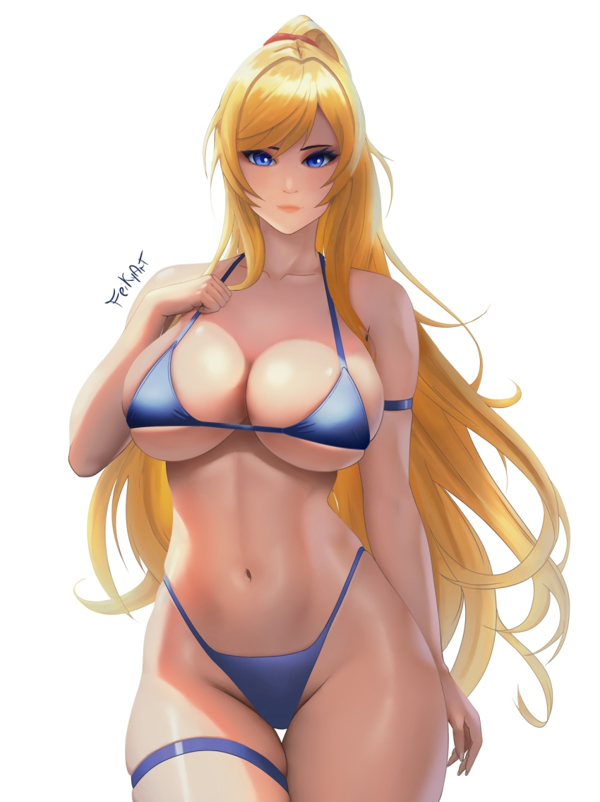 1girl 1girl alluring arm_strap big_breasts bikini blonde_hair blue_bikini blue_eyes closed_mouth collarbone cowboy_shot curvy feikyart groin high_ponytail high_res highleg highleg_bikini long_hair looking_at_viewer metroid navel ponytail samus_aran signature simple_background skindentation stomach swimsuit thigh_gap thigh_strap very_long_hair white_background