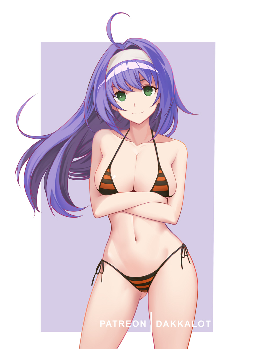 1girl 1girl alluring artist_name big_breasts bikini blue_hair cleavage closed_mouth crossed_arms dakkalot female_focus fire_emblem fire_emblem:_path_of_radiance fire_emblem:_radiant_dawn green_eyes hairband high_res intelligent_systems long_hair mia_(fire_emblem) navel nintendo simple_background smile swimsuit white_hairband