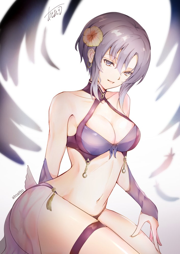 1girl 1girl alluring atoatto big_breasts bikini blue_eyes cleavage earrings female_focus fire_emblem fire_emblem:_the_blazing_blade fire_emblem_heroes flower hair_flower hair_ornament intelligent_systems jewelry looking_at_viewer matching_hair/eyes navel nintendo purple_eyes purple_hair short_hair smile swimsuit thigh_strap ursula_(fire_emblem) ursula_(summer)_(fire_emblem)
