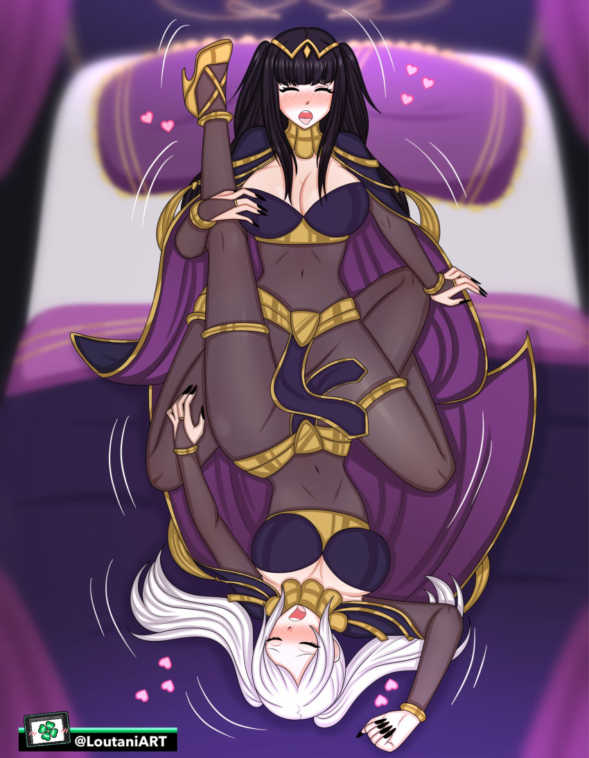 1girl 2_girls alluring alternate_costume bangs bedroom big_breasts black_hair black_nails blush bodystocking cape cleavage cosplay female_only fire_emblem fire_emblem_awakening fire_emblem_warriors high_heels intelligent_systems long_hair long_nails loutaniart moaning_in_pleasure motion_lines multiple_females multiple_girls nail_polish nintendo on_bed open_mouth pelvic_curtain robin_(fire_emblem) robin_(fire_emblem)_(female) sex tharja tharja_(fire_emblem) tharja_(fire_emblem)_(cosplay) tongue tongue_out tribadism twin_tails white_hair yuri