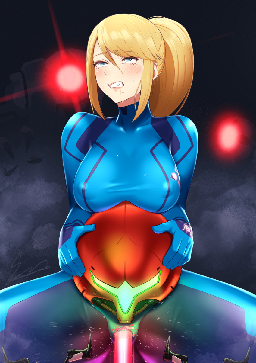 1girl 3others attacked big_breasts blue_bodysuit blue_eyes bodysuit breasts censored clenched_teeth dark_background dying e.m.m.i eyebrows_visible_through_hair fang female_focus female_only glowing glowing_eyes gradient gradient_background hair_between_eyes half-closed_eyes helmet helmet_removed holding_helmet holding_object laser legs lips lipstick long_hair looking_up makeup metroid metroid_dread mole mole_under_mouth neck nintendo pink_lipstick ponytail pussy red_eyes robot round_teeth saliva samus_aran sawasa sawasa_(artist) sitting skin_tight solo_focus spread_legs straight_hair sweat sweating thick_thighs thighs tied_hair torn_bodysuit torn_clothes wounded zero_suit zero_suit_samus