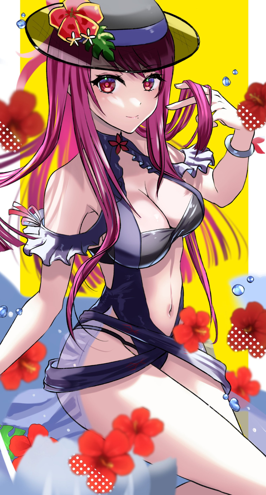 1girl absurd_res alluring alternate_costume bare_shoulders big_breasts black_bikini black_headwear black_one-piece_bikini cleavage clothing_cutout dress dress_swimsuit female_only fire_emblem fire_emblem_engage fire_emblem_heroes flower frills hat high_res intelligent_systems ivy_(fire_emblem) long_hair looking_at_viewer mole mole_under_mouth mu_tu_bu navel nintendo official_alternate_costume one-piece_bikini purple_eyes purple_hair see-through_headwear stomach stomach_cutout swimsuit
