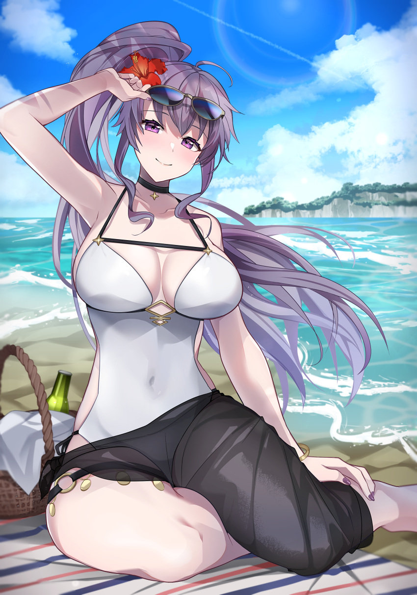 1girl absurd_res alluring alternate_costume basket beach big_breasts bottle choker commission commissioner_upload fire_emblem fire_emblem:_genealogy_of_the_holy_war flower hair_flower hair_ornament high_res intelligent_systems ishtar_(fire_emblem) nintendo non-web_source one-piece_bikini purple_eyes purple_hair sarong skeb_commission sunglasses swimsuit tobio_illust water white_one-piece_bikini