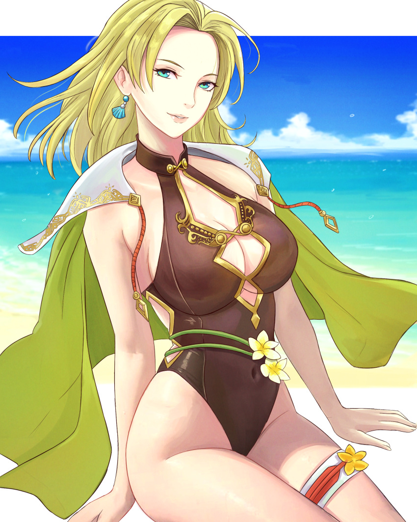 1girl absurd_res alluring beach big_breasts blonde_hair cape cleavage clothing_cutout covered_navel earrings fire_emblem fire_emblem:_the_sacred_stones fire_emblem_heroes green_eyes high_res intelligent_systems jewelry medium_hair nintendo ocean official_alternate_costume on_ground one-piece_swimsuit parted_bangs selena_(fire_emblem:_the_sacred_stones) selena_(summer)_(fire_emblem:_the_sacred_stones) sky smile swimsuit thigh_strap truejekart