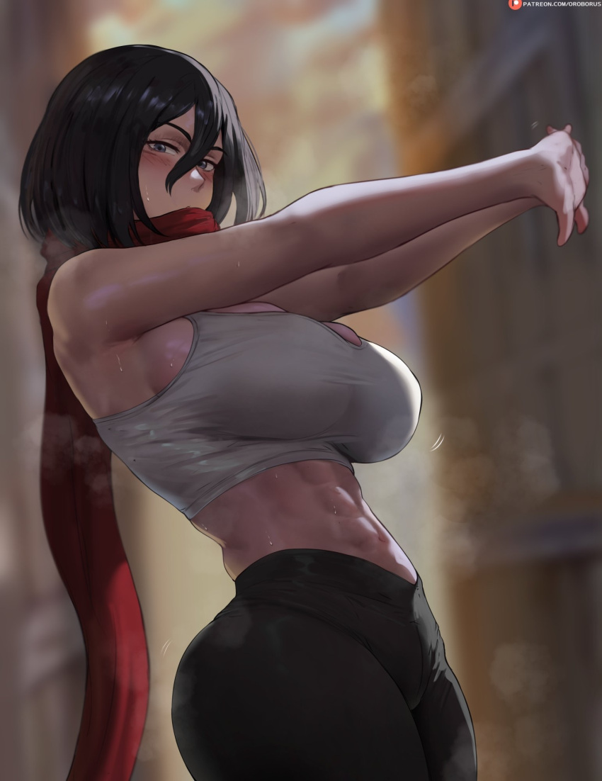 1girl ackerman_mikasa attack_on_titan big_breasts black_hair brown_eyes bubble_butt cleavage horny inviting_to_sex looking_at_viewer mikasa_ackerman oroborus pose shingeki_no_kyojin standing teasing thick_thighs