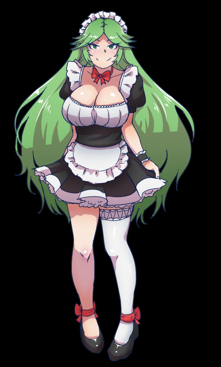 1girl akairiot alternate_costume apron bangs big_breasts black_background black_dress black_footwear blush bow bowtie breasts cleavage closed_mouth dress eyebrows_visible_through_hair eyes_visible_through_hair female_only female_solo footwear full_body green_eyes green_hair hair_ornament half-closed_eyes headdress kid_icarus kid_icarus_uprising long_hair looking_at_viewer maid maid_apron maid_headdress maid_uniform naughty_face neck nintendo palutena parted_bangs red_bow red_bowtie short_dress simple_background single_thighhigh smile standing straight_hair very_long_hair white_legwear white_thighhighs