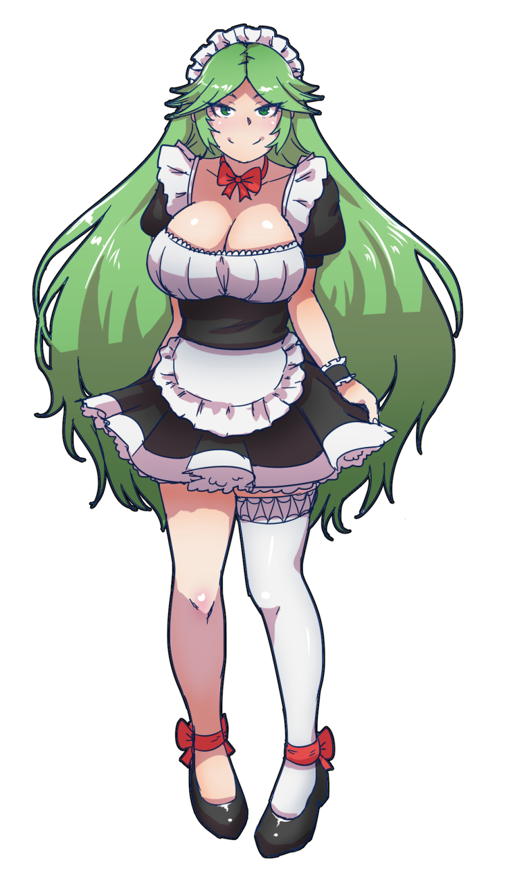 1girl akairiot alternate_costume apron bangs big_breasts black_dress black_footwear blush bow bowtie breasts cleavage closed_mouth dress eyebrows_visible_through_hair eyes_visible_through_hair female_only female_solo footwear full_body green_eyes green_hair hair_ornament half-closed_eyes headdress kid_icarus kid_icarus_uprising long_hair looking_at_viewer maid maid_apron maid_headdress maid_uniform naughty_face neck nintendo palutena parted_bangs red_bow red_bowtie short_dress single_thighhigh smile standing straight_hair transparent_background very_long_hair white_legwear white_thighhighs