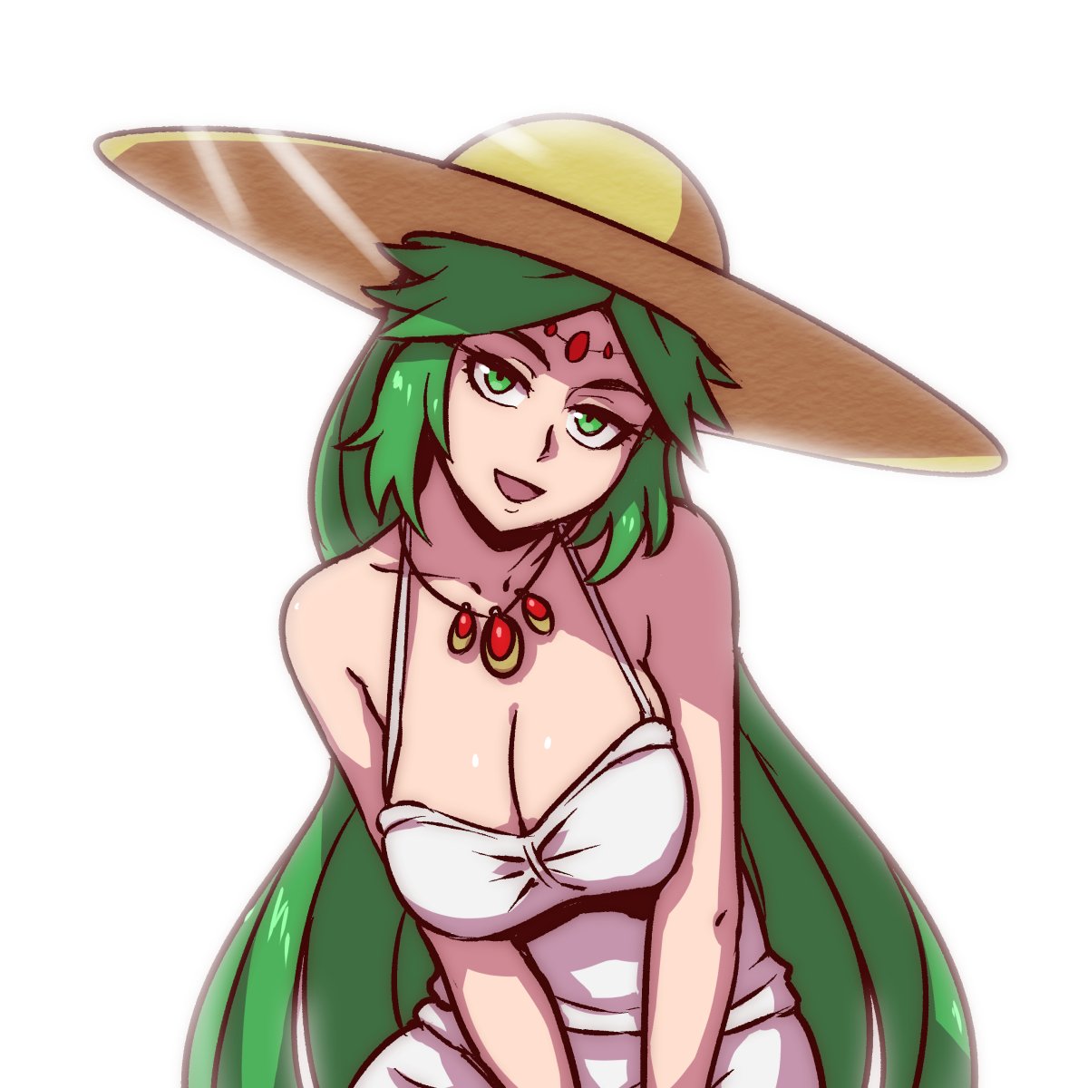 1girl akairiot alternate_costume bangs bare_arms big_breasts breasts circlet cleavage closed_mouth dress female_only female_solo green_eyes green_hair half-closed_eyes hat head_tilt headwear jewelry kid_icarus kid_icarus_uprising long_dress long_hair looking_at_viewer naughty_face neck necklace nintendo open_mouth palutena parted_bangs simple_background sleeveless sleeveless_dress smile straight_hair straw_hat summer_dress thick_eyebrows v_arms very_long_hair white_background white_dress
