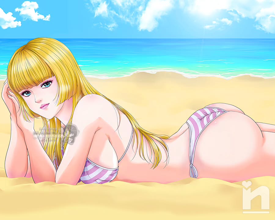 1girl alluring ass beach big_breasts bikini blonde_hair blue_eyes emilie_de_rochefort lips long_hair looking_at_viewer lying namco ocean on_stomach sand saotome_nanda swimsuit tekken tekken_7 tekken_8 tekken_tag_tournament_2 thong_bikini water