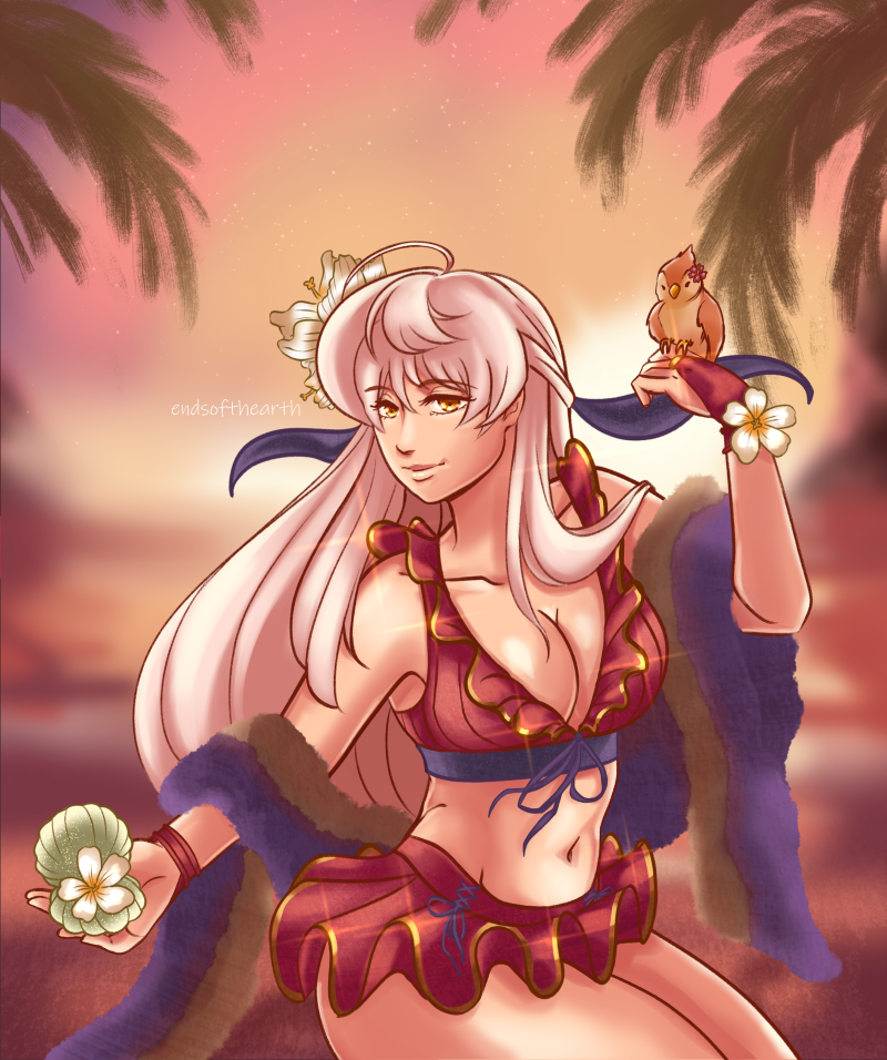 1girl alluring big_breasts bikini bird cleavage fire_emblem fire_emblem:_radiant_dawn intelligent_systems looking_at_viewer micaiah_(fire_emblem) nintendo smile solo_focus swimsuit white_hair yune_(fire_emblem)