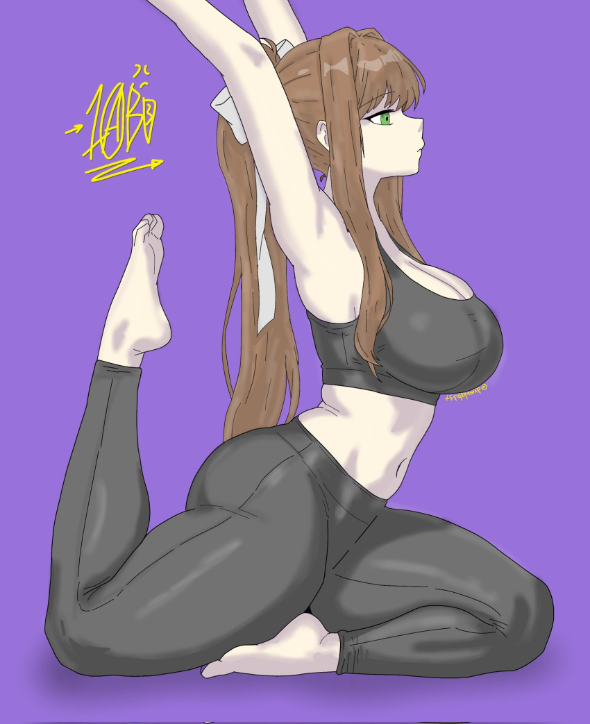 1girl armpits ass big_breasts breasts doki_doki_literature_club drawlab33t green_eyes light-skinned_female light_skin long_hair monika_(doki_doki_literature_club) navel thick_thighs thighs yoga yoga_pants yoga_pose