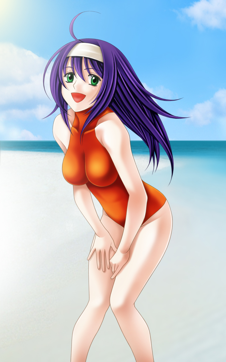 1girl :d alluring bare_shoulders beach big_breasts day female_focus fire_emblem fire_emblem:_path_of_radiance green_eyes hairband headband high_res intelligent_systems long_hair mia_(fire_emblem) nintendo one-piece_bikini open_mouth purple_hair smile swimsuit tamamon turtleneck