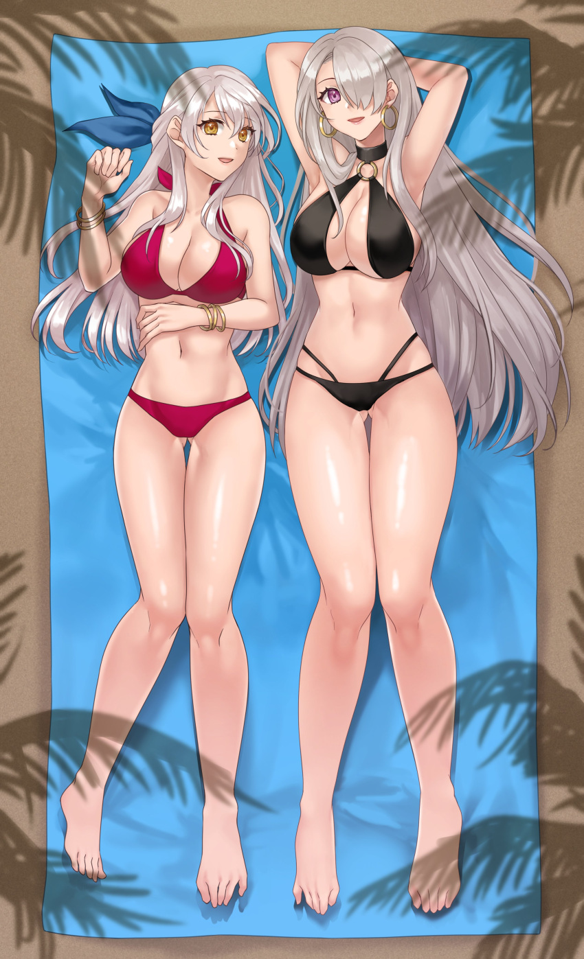 2_girls absurd_res alluring beach big_breasts bikini black_bikini cleavage commission earrings feet fire_emblem fire_emblem:_radiant_dawn gloves gluteal_fold grey_hair hair_over_one_eye hair_ribbon hazuki_(nyorosuke) high_res hoop_earrings intelligent_systems jewelry long_hair looking_at_viewer lying micaiah_(fire_emblem) multiple_girls navel nintendo original palm_tree purple_bikini purple_eyes ribbon shadow swimsuit tree very_long_hair vgen_commission yellow_eyes