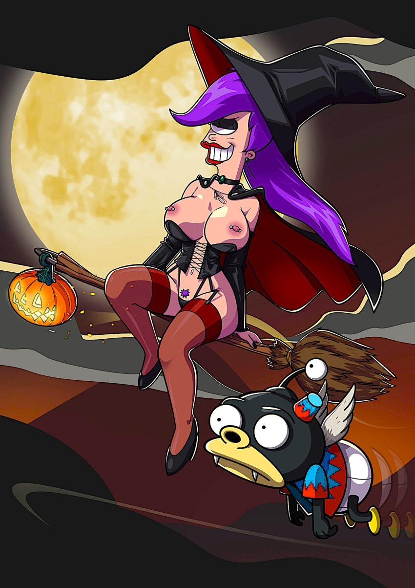 ass big_breasts broom_riding erect_nipples futurama halloween nibbler stockings thighs turanga_leela witch_costume