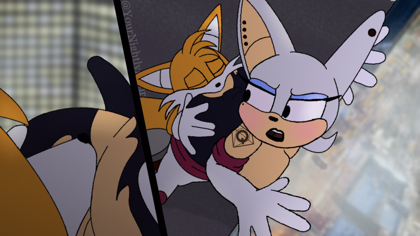 16:9 1girl against_surface against_wall anal arched_back arm_tattoo armwear ass blush bodily_fluids boots city clothing detailed_background duo ear_piercing elbow_gloves footwear fur gif gloves handwear high-angle_view high_res legwear male male/female miles_"tails"_prower oral orange_body orange_fur piercing reflection rimming rouge_the_bat saliva saliva_string sega sex short_playtime skyscraper sonic_the_hedgehog_(series) stockings tail_motion tailwag tattoo thigh_high_boots torn_clothing watermark white_body white_fur widescreen yournightlydesires