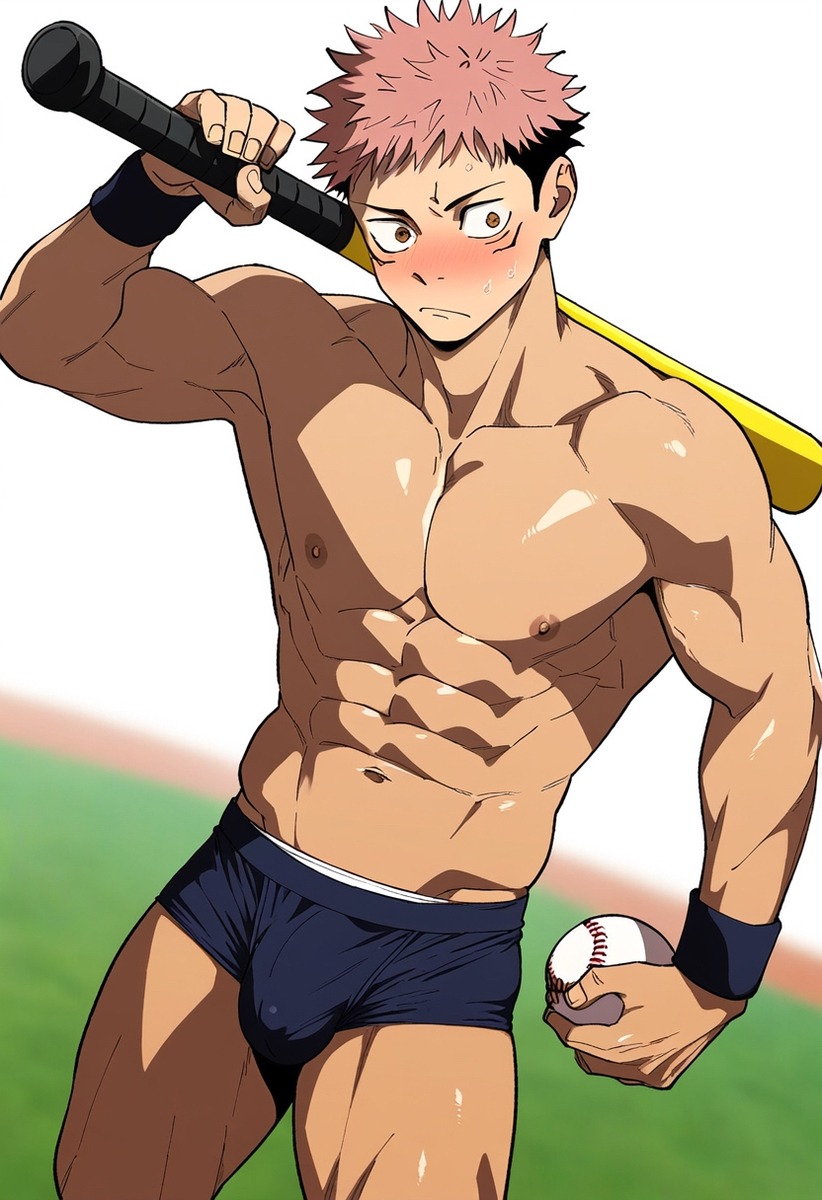 1boy ai_generated anal bara bare_pectorals cum itadori_yuuji jujutsu_kaisen male male_focus male_only muscular muscular_male penis solo_male yaoi