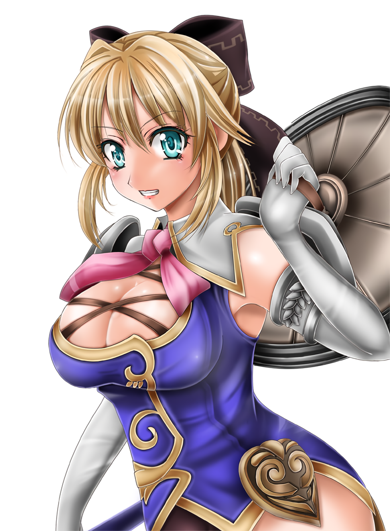 1041_(toshikazu) 1girl 1girl alluring big_breasts blonde_hair blue_eyes bow cassandra_alexandra cleavage elbow_gloves female_focus gloves grin hair_bow looking_at_viewer project_soul smile soul_calibur soul_calibur_ii soul_calibur_iii soul_calibur_vi