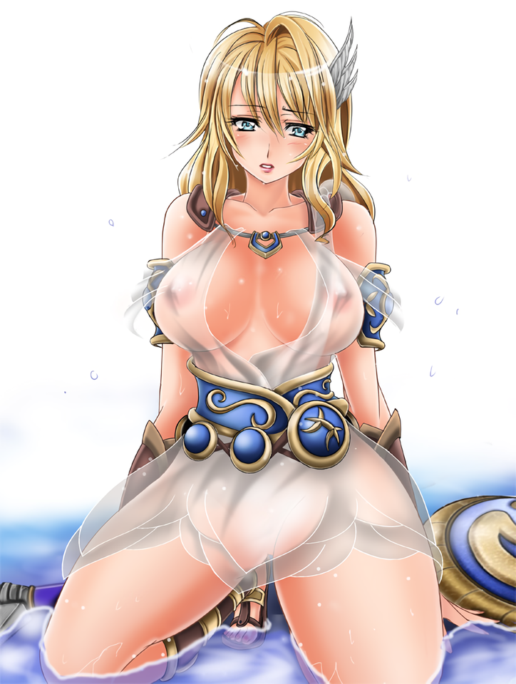 1041_(toshikazu) 1girl alluring big_breasts blonde_hair blue_eyes cleavage female_only human kneel long_hair milf nipples_visible_through_clothing pin_up project_soul see-through shield silf sophitia_alexandra soul_calibur soul_calibur_ii soul_calibur_iii soul_calibur_vi sword weapon wet