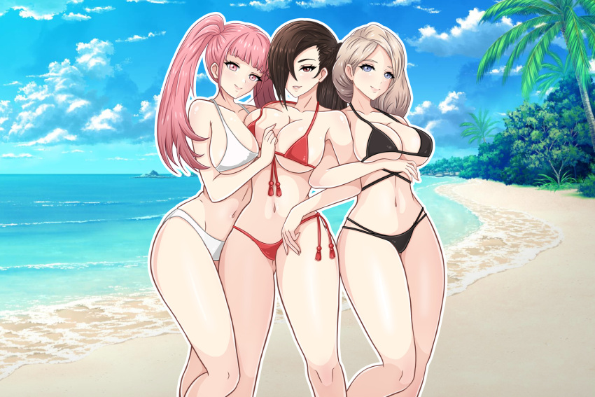 1girl 3_girls alluring alternate_costume ass_visible_through_thighs asymmetrical_docking bangs bare_legs bare_shoulders beach between_breasts big_breasts bikini black_bikini black_swimsuit blonde_hair blue_eyes blue_sky braid brown_eyes brown_fur brown_hair cleavage cloud collarbone commission female_only fire_emblem fire_emblem:_three_houses fire_emblem_fates hair_over_one_eye high_res hilda_valentine_goneril in-franchise_crossover intelligent_systems kagero_(fire_emblem) kunoichi legs long_hair looking_at_viewer mercedes_von_martritz multiple_girls navel nintendo nirainini ocean outside palm_tree pink_eyes pink_hair ponytail red_bikini red_swimsuit shore shoulders side-tie_bikini_bottom side_ponytail sideboob sky smile swimsuit twin_tails under_boob water white_bikini white_swimsuit yuri