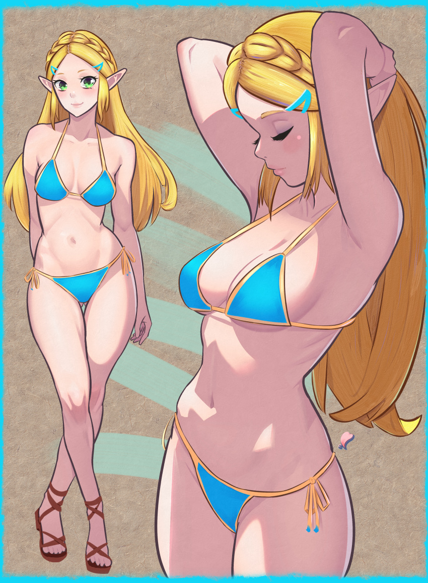 1girl absurd_res alluring arms_behind_head big_breasts bikini blonde_hair blue_bikini blue_border border braid cleavage commentary crown_braid elementary_(lolipope) green_eyes hair_ornament hairclip high_res long_hair multiple_views navel nintendo pointy_ears princess_zelda revision sandals side-tie_bikini_bottom sidelocks smile swimsuit the_legend_of_zelda the_legend_of_zelda:_tears_of_the_kingdom