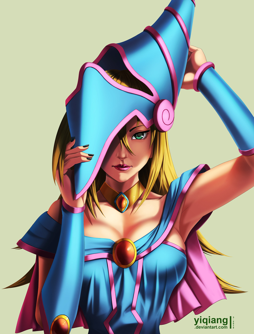 1girl adjusting_hat adjusting_headwear arm_up armpits bare_shoulders big_breasts blonde_female blonde_hair blue_dress blue_hat blue_headwear bracer breasts capelet closed_mouth dark_magician_girl dress female_only female_solo gem green_eyes hair_between_eyes half-closed_eyes hand_up hat headwear jewelry lipstick long_hair looking_at_viewer makeup naughty_face neck necklace off-shoulder_dress off_shoulder pink_capelet purple_lipstick red_gem red_gemstone simple_background smile upper_body wizard_hat yi_qiang yiqiang yu-gi-oh! yu-gi-oh!_duel_monsters yuu-gi-ou yuu-gi-ou_duel_monsters