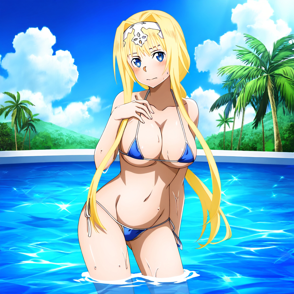 1girl alice_schuberg alluring beach big_breasts bikini blonde_hair blue_eyes blue_sky goldhopper ocean pin_up swimming_pool sword_art_online under_boob wet