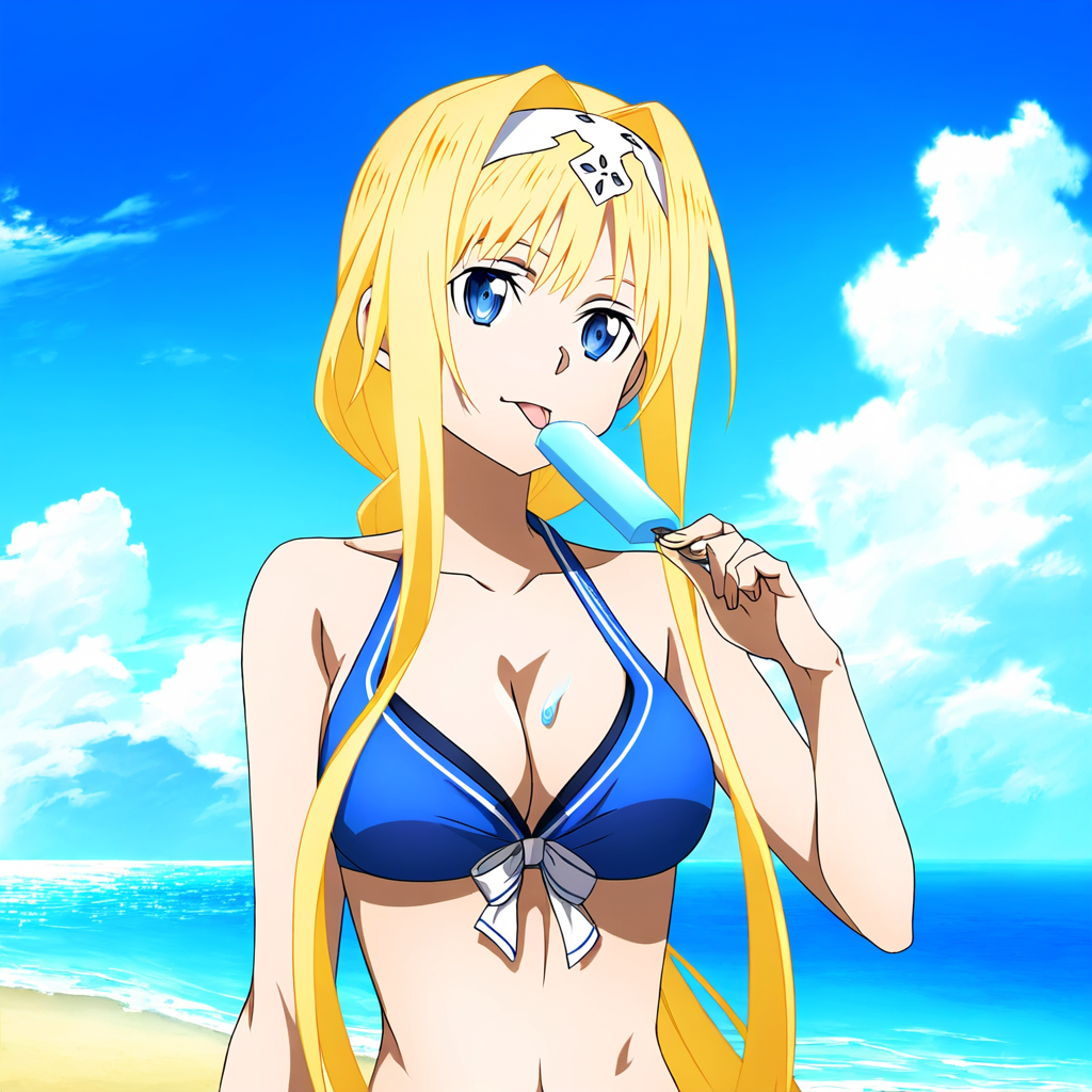 1girl alice_schuberg alluring beach big_breasts blonde_hair blue_eyes blue_sky cleavage goldhopper holding_popsicle ocean pin_up sword_art_online