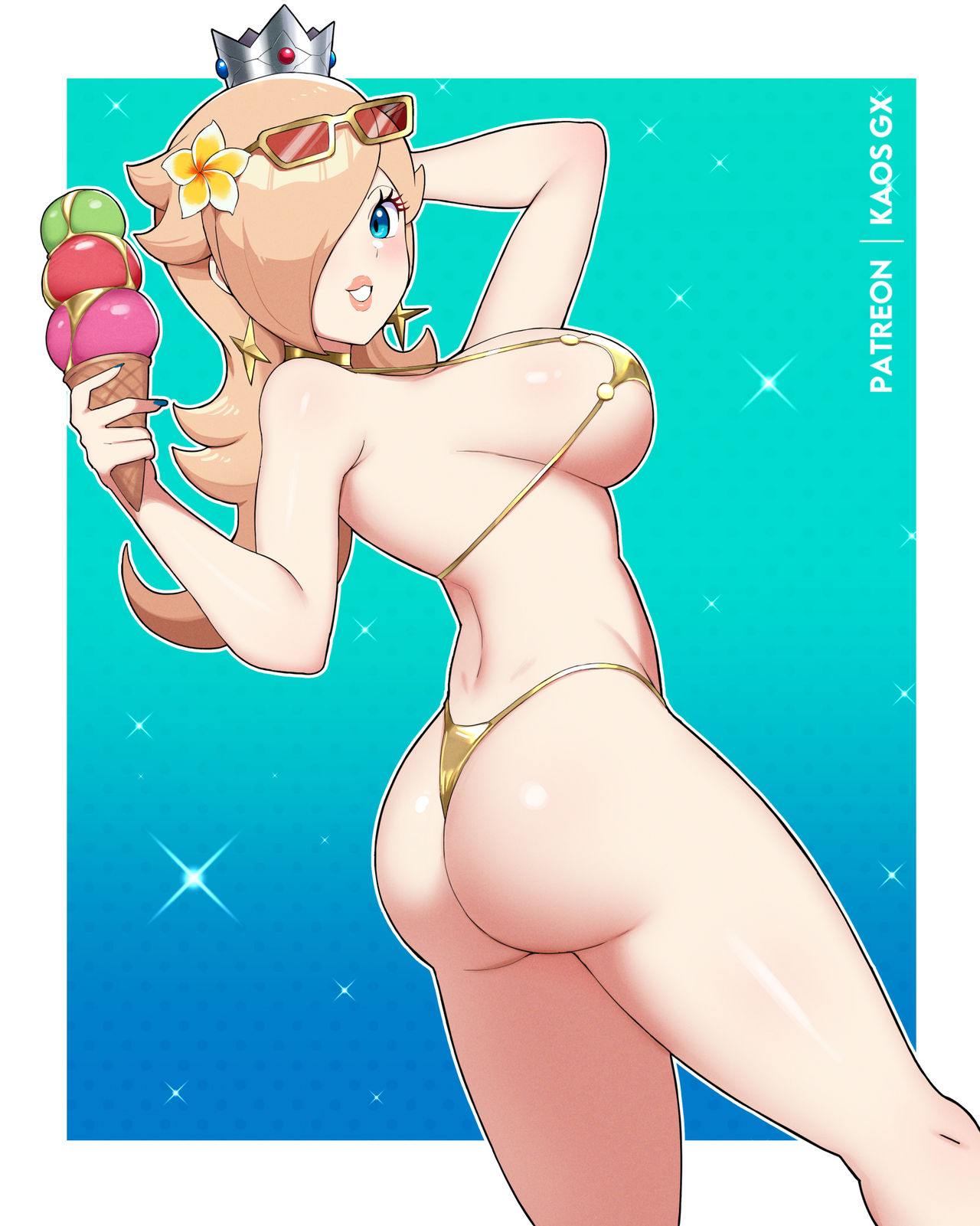 1girl alluring ass big_breasts bikini bikini_bottom bikini_top blonde_hair blue_eyes crown ear_piercing female_only golden_bikini golden_week human ice_cream kaos_art mammal mario_(series) mature mature_female nintendo princess princess_rosalina rosalina royalty solo_female solo_focus super_mario_bros.